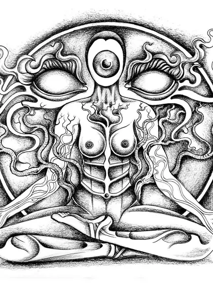 This is my interpretation of Tara, a meditative figure. Her body is a landscape of veins and her face is a single, central eye, representing an internal vision that sees beyond the physical world.