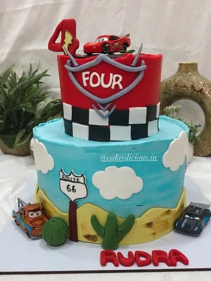 A full view of the action-packed Disney Cars cake, perfect for a little race car fan.