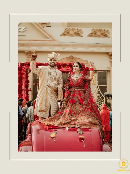 A real groom, Harman, making a grand entrance in our classic beige sherwani. A picture of pure joy.