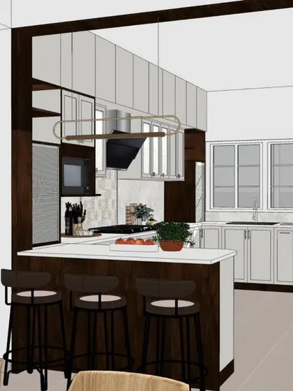 A 3D view of the open-plan living and kitchen area. This visualization shows the breakfast counter and its connection to the dining space, helping the client see the full picture.