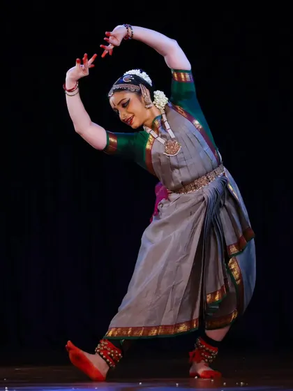 My student Meera Sreenarayanan in a graceful, flowing pose during her solo recital at Narada Gana Sabha.