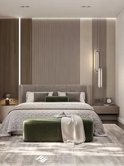 A serene and minimalist bedroom design with a focus on natural textures and a calm color palette. The paneled accent wall and simple, low-profile furniture create a peaceful environment for relaxation.