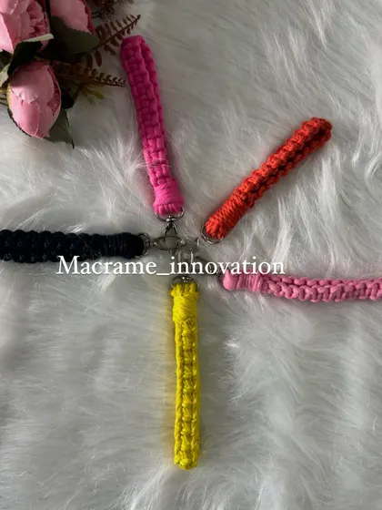 A colorful collection of my macrame wristlet keychains. They are a stylish and functional accessory to help you keep track of your keys.