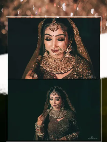 A collage of two dramatic bridal portraits against a dark background, highlighting the bride's makeup and jewelry.
