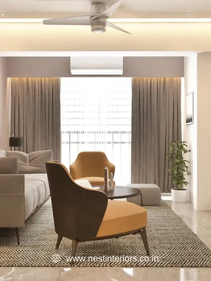 This 3D living room concept uses earthy tones and comfortable, modern furniture to create a warm and inviting space. The large area rug helps to define the seating area.