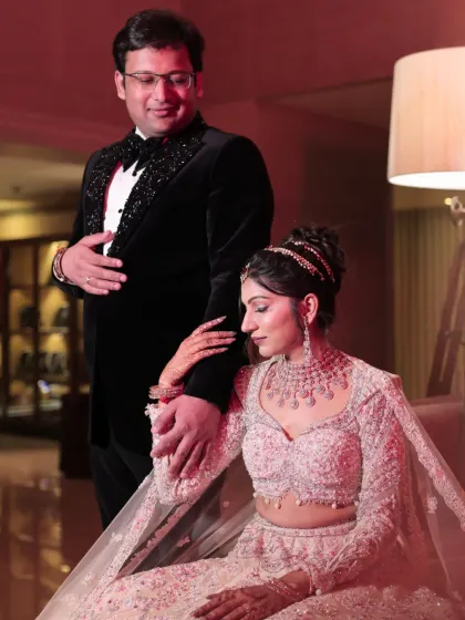 An intimate portrait of the couple. The bride's makeup is soft and romantic, creating a dreamy and timeless image.