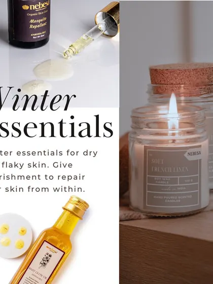 My winter essentials are all about nourishment and comfort. The Baby Glow Oil and Mosquito Repellent repair and protect your skin, while my hand-poured soy wax candles create a warm, cozy atmosphere. Everything is natural and made with care.
