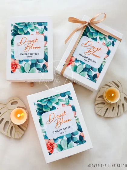 The beautiful packaging for my 'Desert Bloom' tealight gift set. The watercolor succulent design on the box makes it a lovely gift even before it's opened.