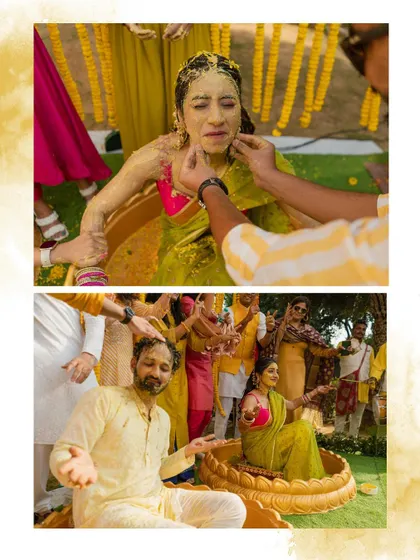 A collage showing the bride's experience during the Haldi, from being lovingly smeared with paste to sharing a laugh with the groom.