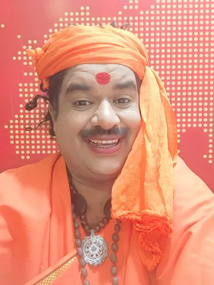 A smiling selfie as the swamiji. Even with all the makeup and costume, it's important to feel happy and comfortable in the role.