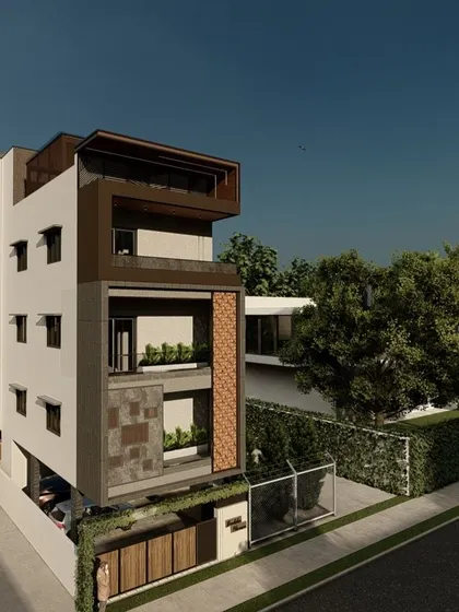 A tall, narrow residential building design that makes excellent use of a smaller plot. The facade incorporates varied materials and textures to create visual interest and a modern urban look.