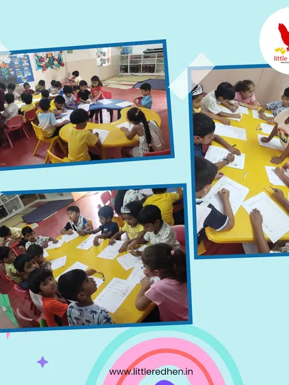 A collage of photos shows children at tables, focused on worksheets that match letters with pictures. This alphabet matching activity from our summer camp is a fun, hands-on way to reinforce letter recognition.