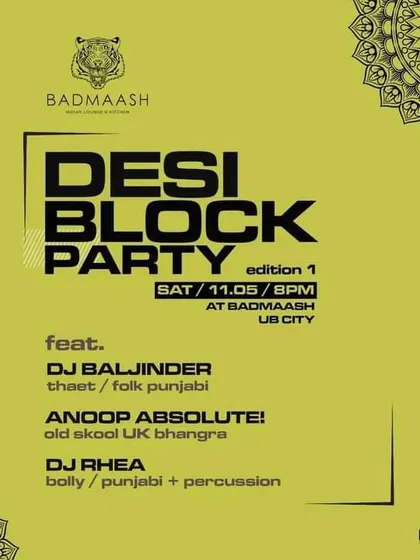 The clean, minimalist version of the 'Desi Block Party' poster, detailing the lineup and venue.