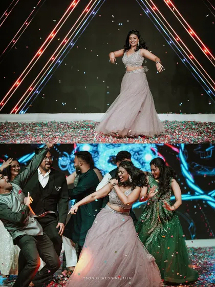 A diptych showing the bride's solo dance performance and a fun moment with her friends on the dance floor.