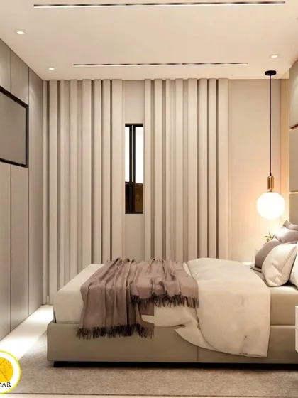 Another view of the bedroom, highlighting the fluted wall panels and curtains.