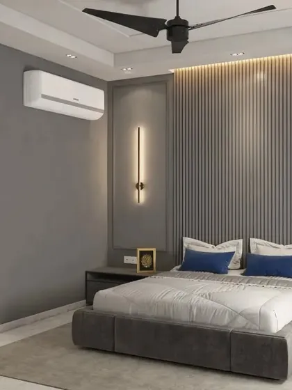 A design proposal for a modern hotel room for Salt Stayz in Gurgaon. The design features a sophisticated grey color palette with a fluted panel headboard wall and contemporary lighting.