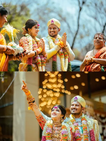 The couple receiving blessings and pointing to the heavens, a traditional and symbolic wedding moment.