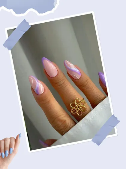 This abstract nail art combines shades of purple and pink with delicate white lines. It's a modern and artistic choice for anyone looking to add a pop of color to their manicure.