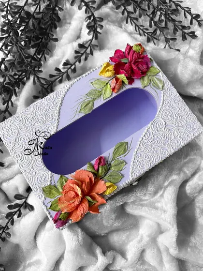 Another view of the lavender tissue box, this time with a black and white filter on the background to emphasize the colors of the flowers.
