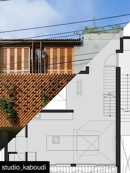This composite image shows the relationship between the final built form and our architectural plan. It illustrates how the design of the brick facade corresponds to the layout of the interior spaces, particularly the open-plan kitchen and living area.