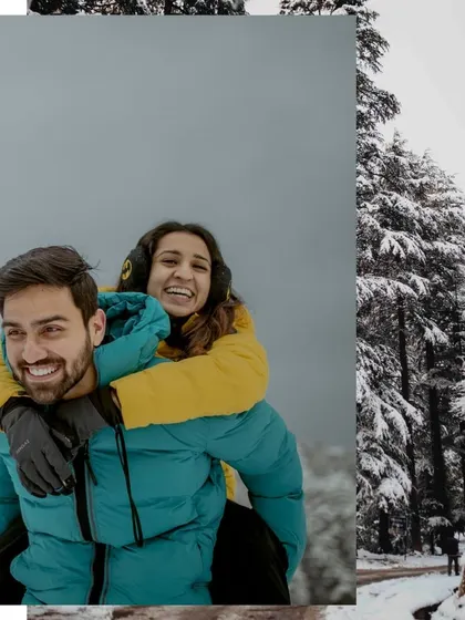 A fun piggyback ride through a forest of snow-covered pines. This collage captures the playful spirit of a winter engagement session.
