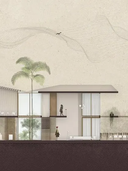 A section drawing of the House of Veils, rendered with soft, illustrative textures. This communicates not just the structure but also the intended mood of the interiors, with their flowing courtyards and screened walls creating secret spaces.