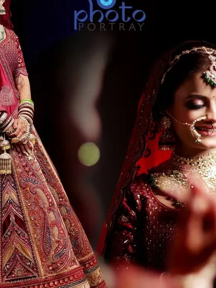 A creative bridal portrait layout, combining a full-length shot with a close-up and a silhouette effect.