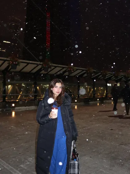 A winter wonderland shot in a blue coord set from Mango and a warm Vero Moda jacket.