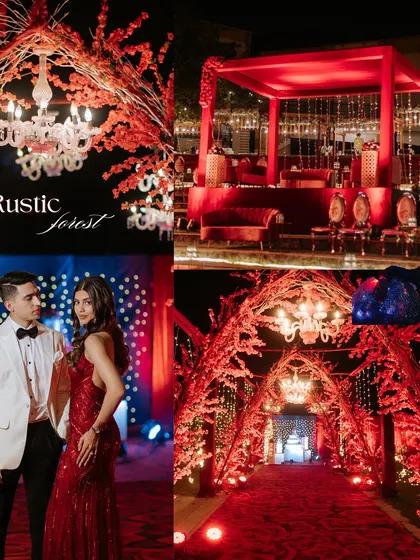 A collage showcasing our Sangeet decor themes. From a rustic forest concept with dramatic red lighting to elegant boho-magic setups, we design atmospheres that are truly enchanting.