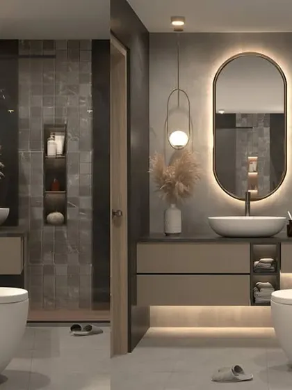 A side-by-side comparison of two similar bathroom layouts with different finishes. This shows how I can adapt a design to suit different tastes while maintaining functionality.