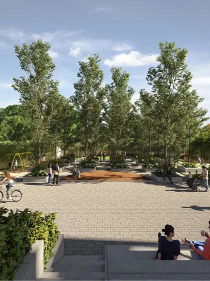 I envision spaces that bring people together. This illustration shows a central plaza in a community living project, designed as an active hub for residents to connect, with integrated seating and open areas framed by lush greenery.
