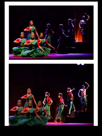 Two different scenes from "Tyāgarāja Hṛt Sādana" show the versatility of our ensemble. We move from quiet, seated formations to dynamic, standing choreography to tell the story.