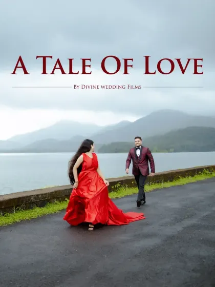 A tale of love set against a dramatic, misty mountain and lake backdrop. The bride's flowing red gown adds a pop of vibrant color to the moody landscape.