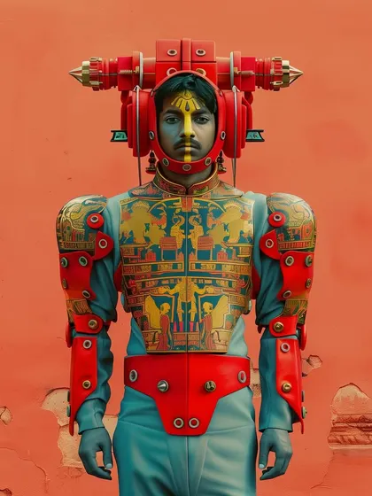A Yuntriksh pilgrim in a more ornate red and blue suit. The designs on the armor are inspired by traditional Indian art and architecture.