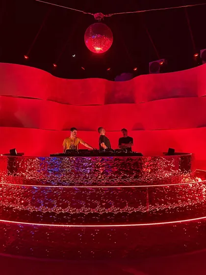 The stunning, all-red DJ booth at a club in Riyadh. I've been lucky to play in some incredible venues around the world, each with its own unique atmosphere.