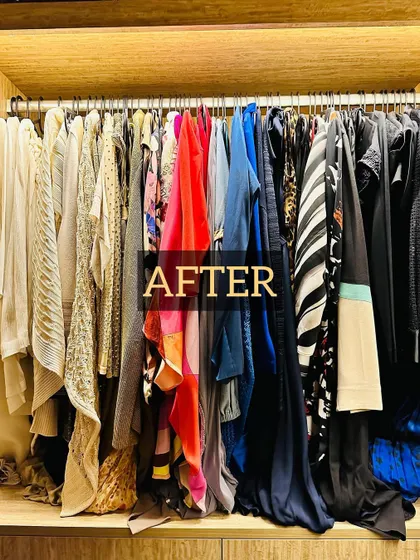 After: By switching to uniform hangers, the entire hanging space looks neater, feels more spacious, and makes every garment easy to see and access.