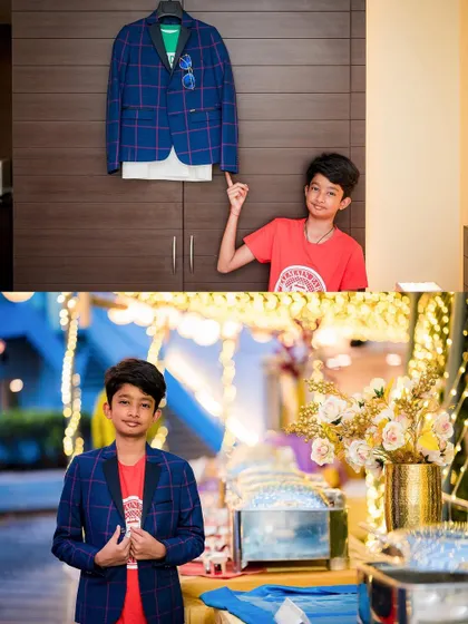 A fun 'before and after' collage of a boy pointing to his party jacket and then wearing it, looking dapper at the celebration.