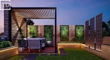 A proposed design for a penthouse in Noida, featuring a modern pergola over a cozy seating area, vertical gardens, and elegant CNC-cut screens.