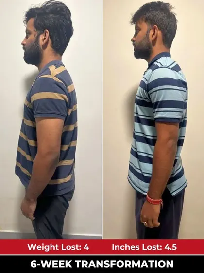 The side profile of Vaibhav's transformation highlights his progress after finding a fun, high-energy training space.