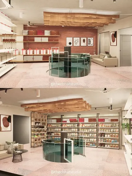 This split-view render shows how different areas of the store are designed for different purposes. One side features organized product shelving, while the other offers a comfortable sofa and lounge area for waiting customers.