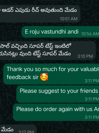 A wonderful feedback message in Telugu, saying the taste is superb and just like it was made at home. Thank you so much for your kind words.