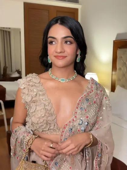 A beautiful soft glam look for Srestha's Roka ceremony. The makeup was kept fresh and luminous to let her natural beauty and stunning outfit be the focus.