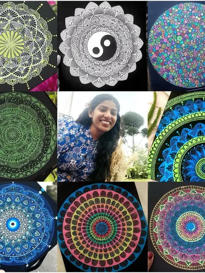 A collage of my mandala art and a picture of me, showing the artist behind the work.