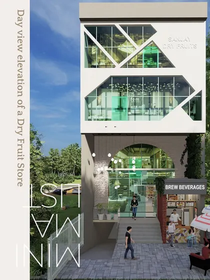The daytime elevation concept for the "Sanjay Dry Fruits" store. The design features a striking abstract glass facade that allows natural light to pour in, while the ground floor has an open, welcoming entrance with a small cafe seating area.