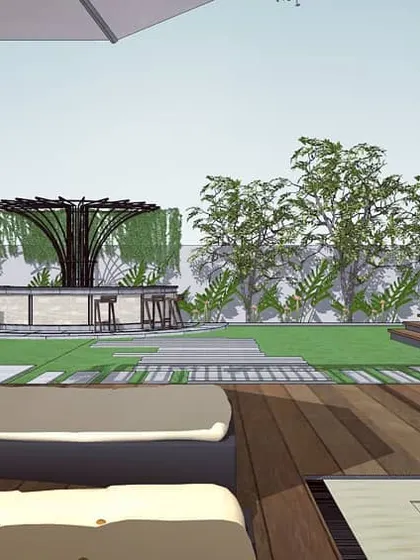 A perspective of the backyard concept for Retreat Villa 90, showing the relationship between the pool deck, the lawn, and the striking outdoor bar feature.