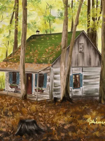 The final colored illustration of the 'Cozy Cottage'. Comparing it to the initial sketch shows how color transforms the scene, adding warmth and a sense of season to the peaceful woodland setting.