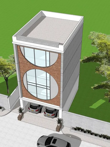 An angled, top-down perspective of the proposed residential building with large circular windows. This view provides a comprehensive look at the building's massing, rooftop layout, and how the unique facade interacts with the surrounding space.