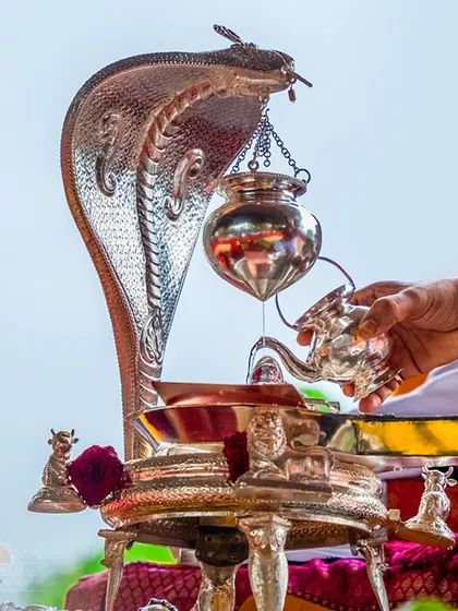 The sacred ritual of Abhishekam during Rudra Puja, where water is poured over the Shiva Lingam. This symbolizes the cleansing of the mind and the continuous flow of divine grace.