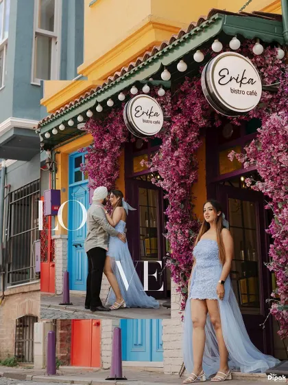 A vibrant collage from a pre-wedding shoot in Istanbul, capturing the couple's love against the colorful backdrop of the Balat neighborhood.