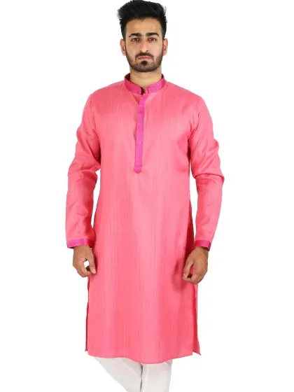 This studio shot of a pink kurta demonstrates our ability to capture vibrant colors accurately. Clean, well-lit images like this are crucial for customers making purchasing decisions online.